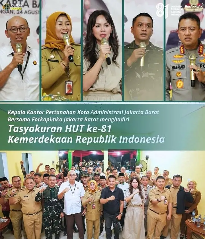 Kepala Kantor Pertanahan Kota Jakarta Barat Dr. Shinta Purwitasari bersama unsur Forkopimko Jakarta Barat dalam kegiatan tasyakuran dan silaturahmi memperingati HUT ke-81 Republik Indonesia di Meruya Utara, Kembangan, Jakarta Barat.