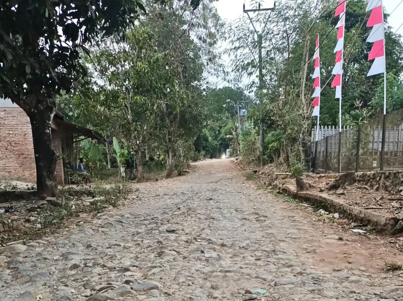 Kondisi akses jalan berbatu di Kampung Sukajadi Barat, Desa Sukajadi, Kecamatan Cibaliung, Pandeglang, yang dikeluhkan warga karena menyulitkan aktivitas sehari-hari dan akses pendidikan.